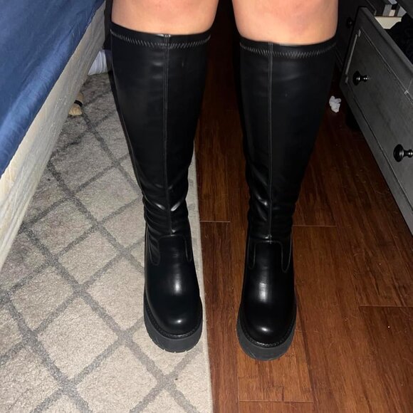 🆕Womens A-black Synthetic Knee High Platform Chunky Block High Heel Sock Boots - Picture 1 of 9